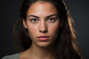 Wall Mural - A woman with brown hair and brown eyes is looking directly at the camera