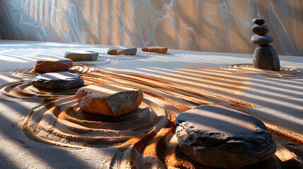 Zen garden with rocks shaped like quantum computers and raked sand patterns mimicking quantum entanglement diagrams 