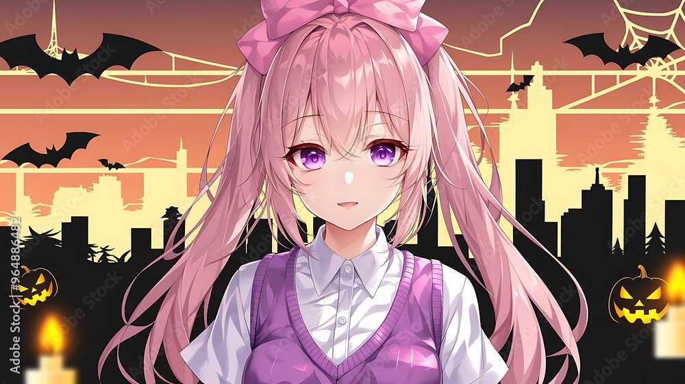 Cute anime girl with pink hair and purple eyes, against a backdrop of a ...