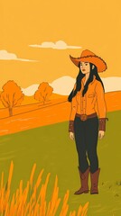 background image of a cowboy woman, western illustration style, western.  