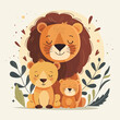 © viklyaha - A lion and two cubs are sitting together in a forest. The lion is smiling . The scene is happy and peaceful