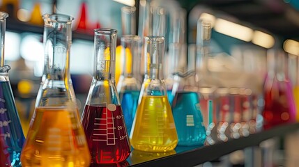 A science lab with a collection of colorful chemicals and beakers.