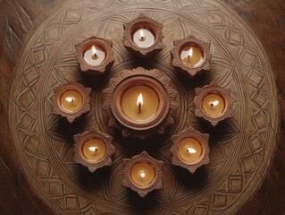 Wall Mural - Group of Clay Diya Lamps Arranged in a Circle for Diwali Festival