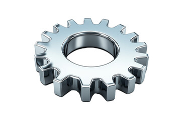 A high-resolution image of a single shiny metallic gear cog with a sleek chrome finish. 