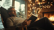 © Anastasiia - Man reading by the fireplace during Christmas. Cozy winter evening with warm lights and holiday decorations. Relaxing by the fire at home.