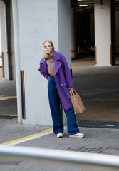 Wall Mural - Street style fashion, professional model, blonde woman.