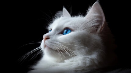 Wall Mural - White cat with striking blue eyes against a dark background, profile view. Serenity and elegance concept