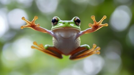 A green tree frog with large brown eyes sits on a clear surface with its limbs extended and its feet facing forward, as if it is meditating, with a blurred green background.