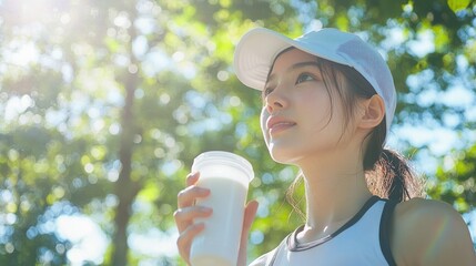 Wall Mural - A beautiful Japanese woman is drinking water from the glass outdoors. Portrait. close up view