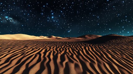 Wall Mural - Surreal Contemporary Background with Blue Gradient Starry Sky. Dawn Landscape with Desert Sand Dunes.