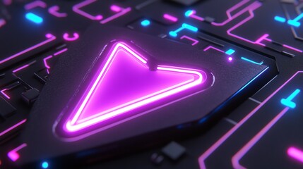 Wall Mural - The color palette is pink and blue with the play symbol as a neon light. The icon is accented by a high tech floor and a vivid colored icon. 3D render.