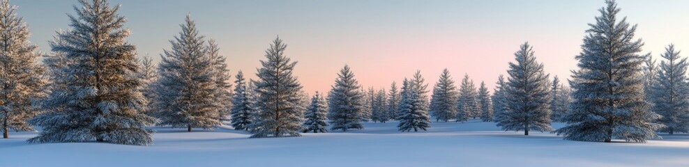 The beauty of winter woodland banner is created by snow-covered trees. Seasonal concept.