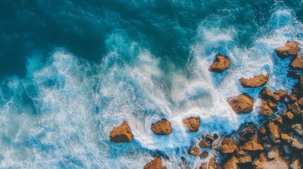 A dramatic overhead shot of a rugged coastline with crashing waves and rocks. Background of nature.