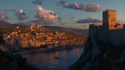 View of European castles at sunset. Historical architecture and coastline with dramatic backdrop.