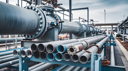 A pipeline and a pipe rack in an industrial plant. Pipe rack of petroleum, chemical, hydrogen, ammonia  Industrial zone.