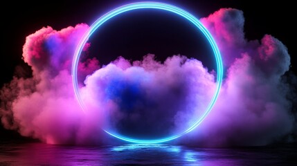 Pink and Yellow Fluorescent Light Illuminating a Cloud Formation in a Dark Environment. A Circle-Shaped Neon Frame is attached to the cloud formation.