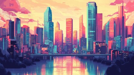 Colorful retro-futurism cityscape with skyscrapers towering over a river, set against a cyberpunk-inspired vector landscape