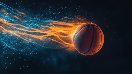 Wall Mural - A basketball is in the air with a blue and orange trail behind it