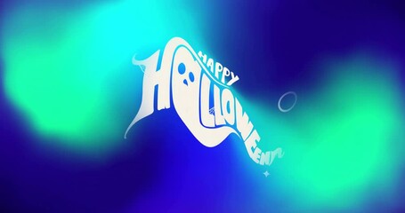 Wall Mural - Animation of happy halloween text and ghosts over blue background