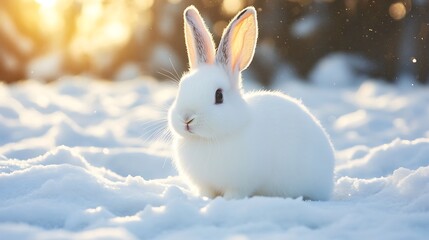 Wall Mural - A white rabbit sits in a snowy field with the sun shining in the background.