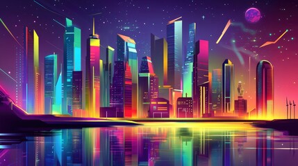 Vibrant retro-futurism city with colorful skyscrapers by a river, set in a dynamic cyberpunk-inspired vector background