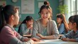 © peemee19 - Happy Teacher Talking to Students in Classroom.