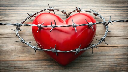 Red heart enclosed in barbed wire symbolizes pain, love and struggle on wooden texture background