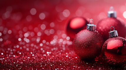 Aufkleber - Three red Christmas ornaments are sitting on a red background