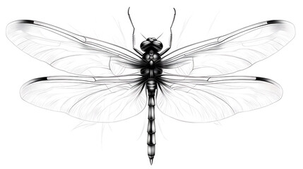 A detailed pencil sketch of a dragonfly with outstretched wings, isolated on a white background.