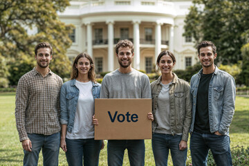 a group of young people are holding a cardboard sign that says 