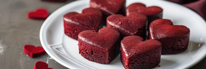 Canvas Print - Red velvet sponge cakes in the shape of hearts on a white plate