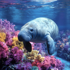 Wall Mural - A manatee with beautiful colorful reef