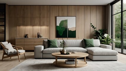 Wall Mural - living room interior mock up, modern furniture and decorative objects placed in a classic way