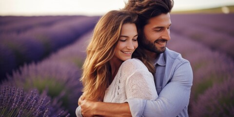 A young couple hugs in a lavender field. Family posing in nature. Generative AI.