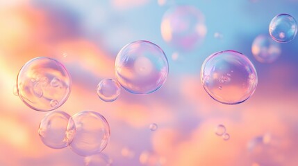 Soap bubbles floating in colorful sky at sunset, dreamy atmosphere. Abstract concept