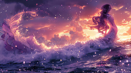 Wall Mural - A mermaid girl on the waves. in shades of purple and pink. the illustration that was drawn on the tablet