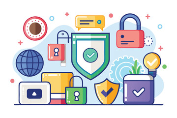 Poster - Digital security concepts illustrated with colorful icons including locks, shields, and communication symbols on a light background, representing online protection strategies