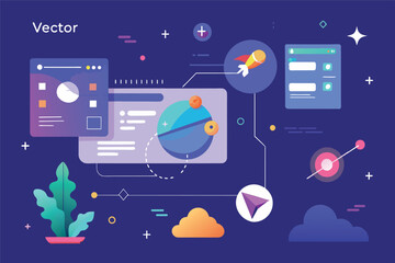 Aufkleber - Abstract digital design showcasing data visualization elements and creative concepts in a vibrant color scheme with geometric shapes and graphics representing technology and innovation