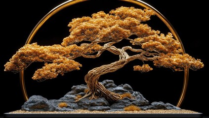 Canvas Print - Golden Bonsai Tree in a Circular Frame