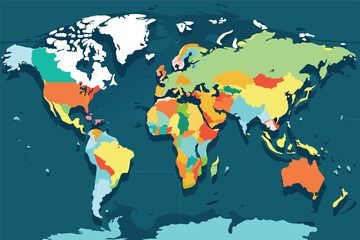Fototapete - A colorful world map highlighting countries with unique color associations representing geographical and political boundaries for educational purposes