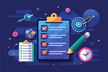 A colorful checklist on a clipboard with checkmarks, surrounded by abstract shapes, representing organization and task management in a modern workspace