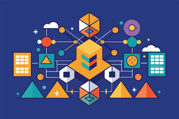 Poster - Digital abstract representation of interconnected geometric shapes and colorful elements on a deep blue background enhancing visual complexity in modern design