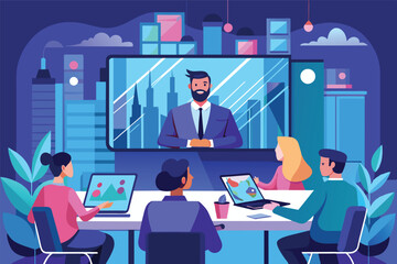 Fototapete - A diverse group of professionals engaged in a virtual meeting with a team leader in a well-decorated office space in the late afternoon