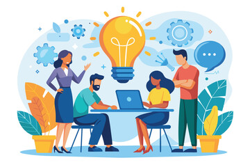 Fototapete - Creative brainstorming session in a modern office setting with three colleagues discussing ideas around a laptop and a light bulb symbolizing innovation