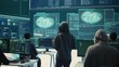 © DC Studio - Disappointed team of governmental hackers failing to access database and servers in high tech office, work with big screen to steal passwords for hybrid warfare. Frustrated experts. Camera B.