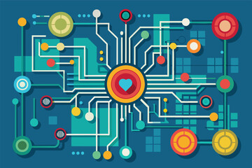 Fototapete - A colorful abstract network design featuring various shapes, lines, and connections on a blue background representing technology and digital communication