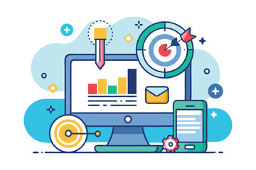 Leinwandbilder - A digital workspace showcasing a laptop with graphical elements, illustrating productivity, communication, and analytics tools during a creative brainstorming session