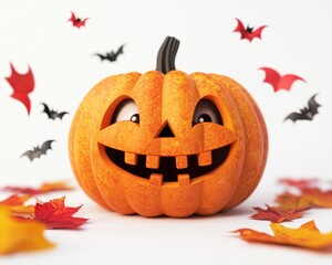 A Winking Jack-O-Lantern with Scattered Autumn Leaves and Bats