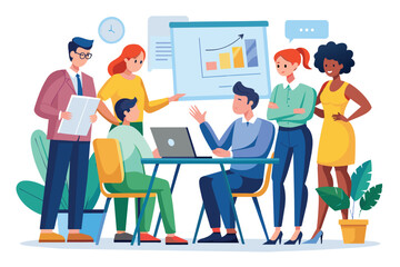 Poster - A diverse group of colleagues engaging in a collaborative discussion about data analysis in an office environment