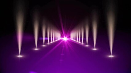 Wall Mural - animation of spotlights and light trails on purple background